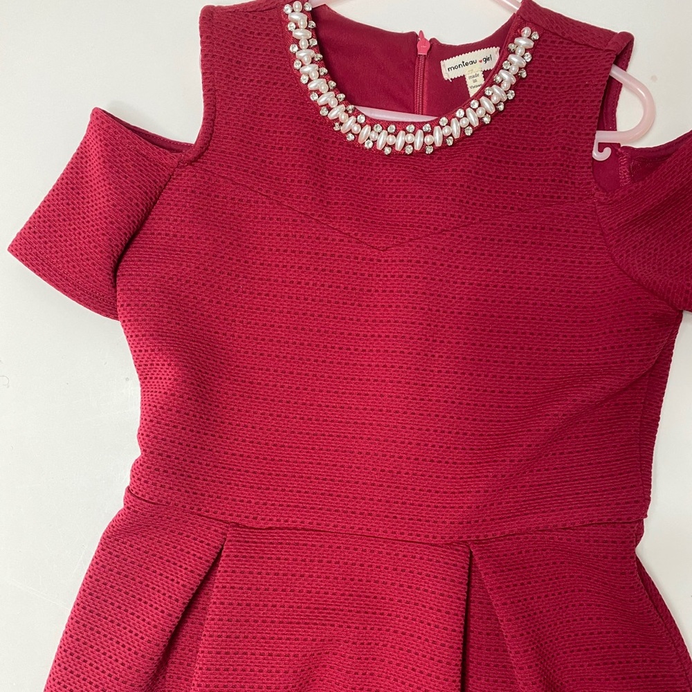 Girls Beaded Burgundy Flare Out Dress
